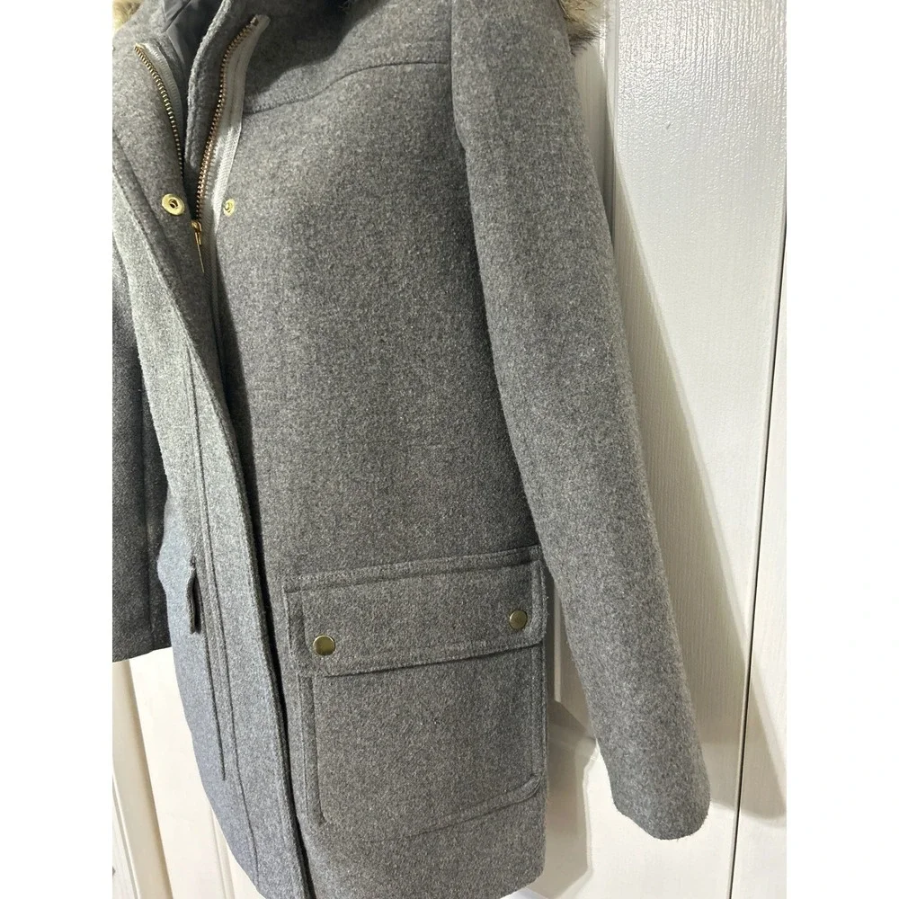 J.Crew Mercantile Gray Wool Blend Coat Hooded Faux Fur‎ Trim Winter Size 00